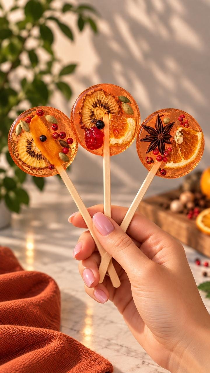 Cocktail lollipop with dehydrated orange citrus